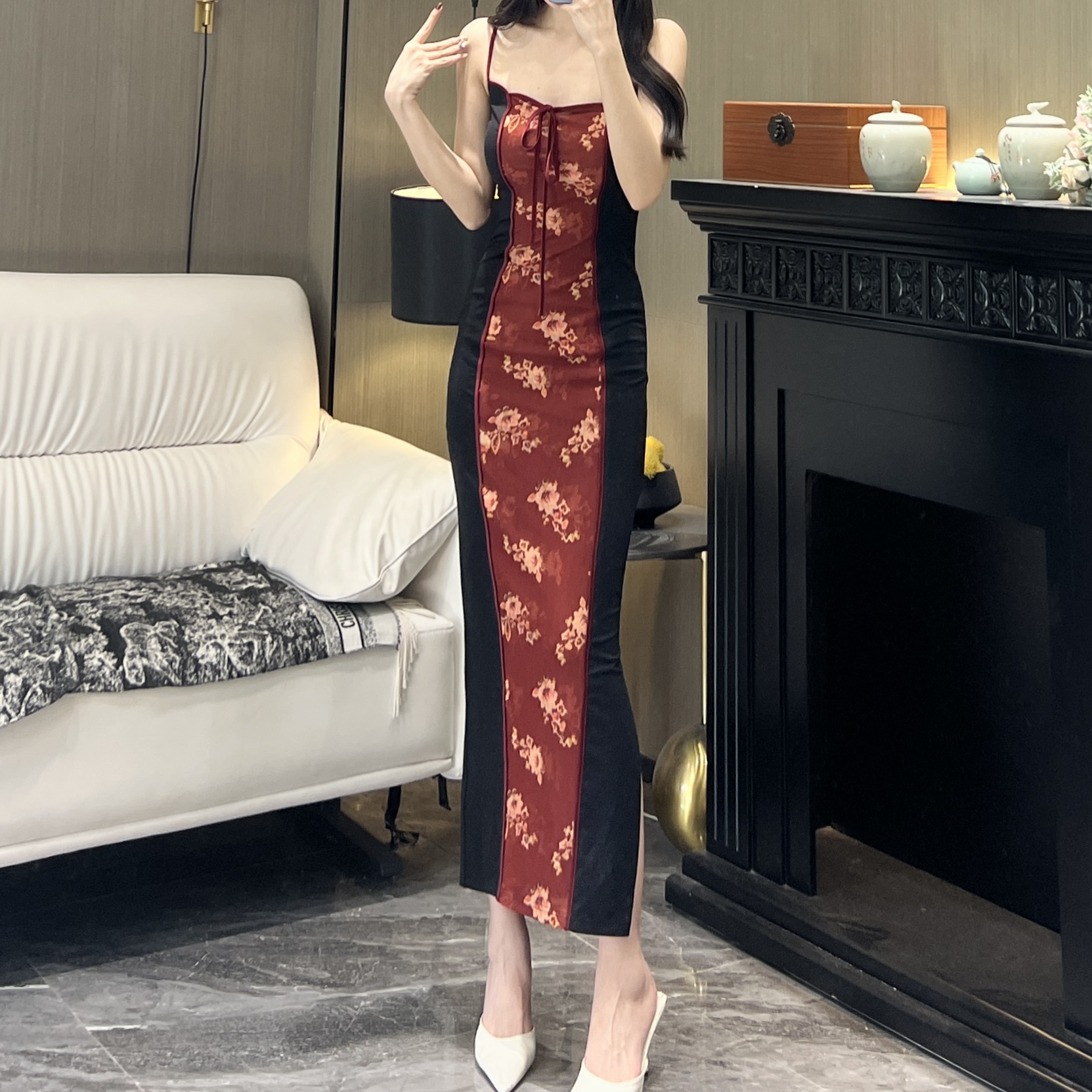 轻奢气质女人味抹胸吊带花色印花显瘦修身时尚百搭拼接开衩连衣裙