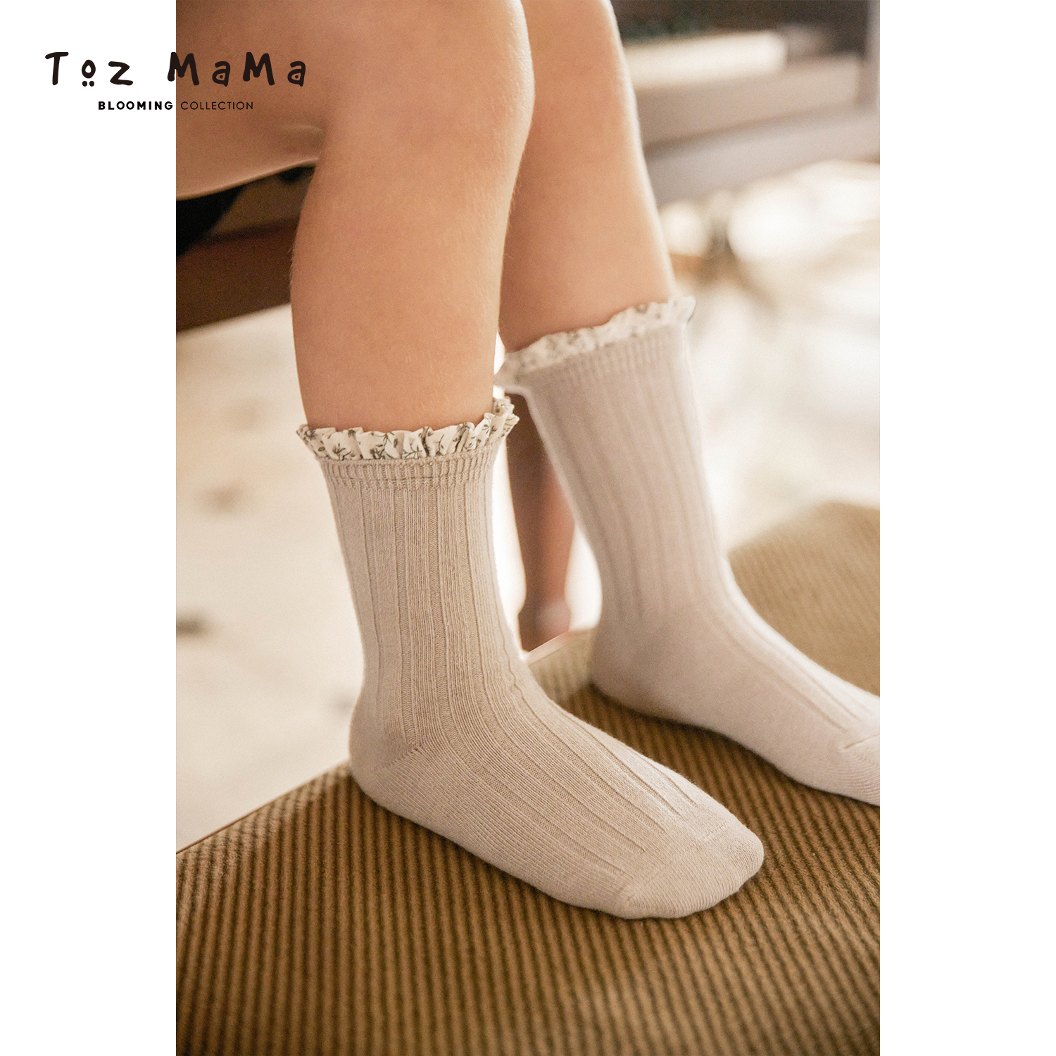 【Toz Girls豆几妈高端女童】碎花拼接坑条袜春秋中筒袜运动袜