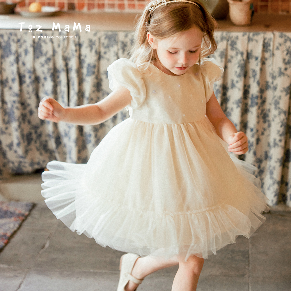 【Toz Girls豆几妈高端女童】钉珠花网纱公主裙泡泡袖连衣裙