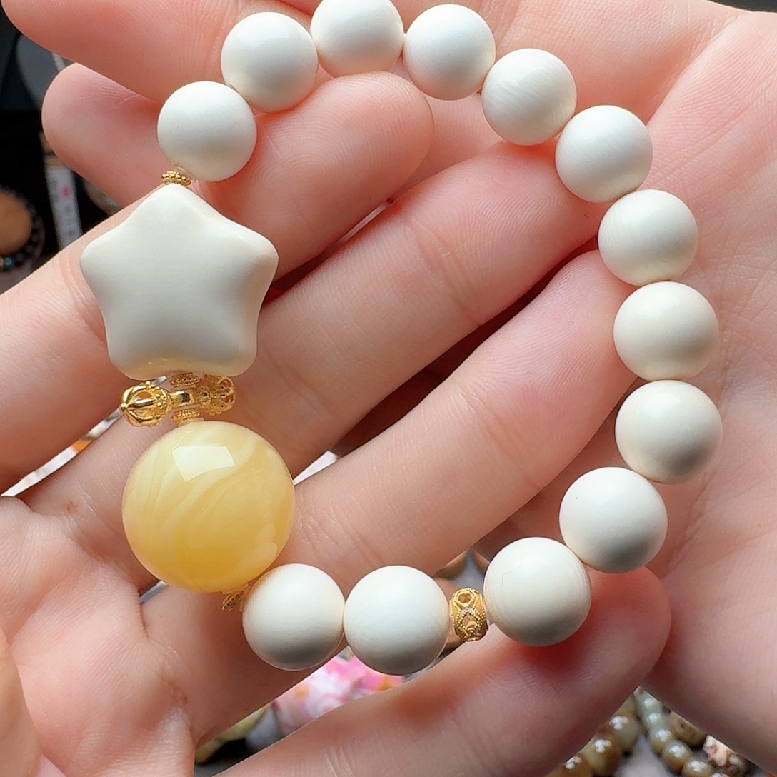 蜜蜡手链18K金镶嵌蜜蜡搭配猛犸单圈