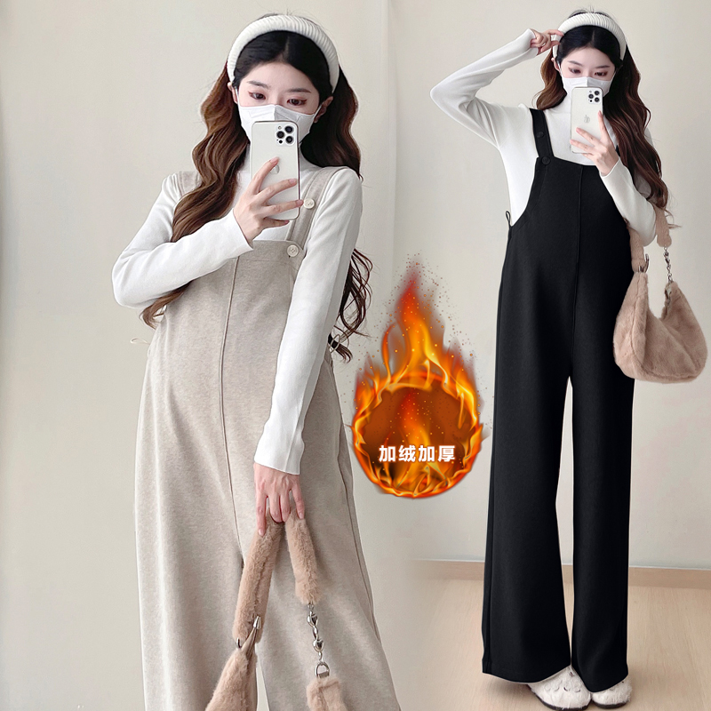 孕妇背带裤宽松新款套装外穿加绒加厚阔腿裤秋冬季休闲大码两件套