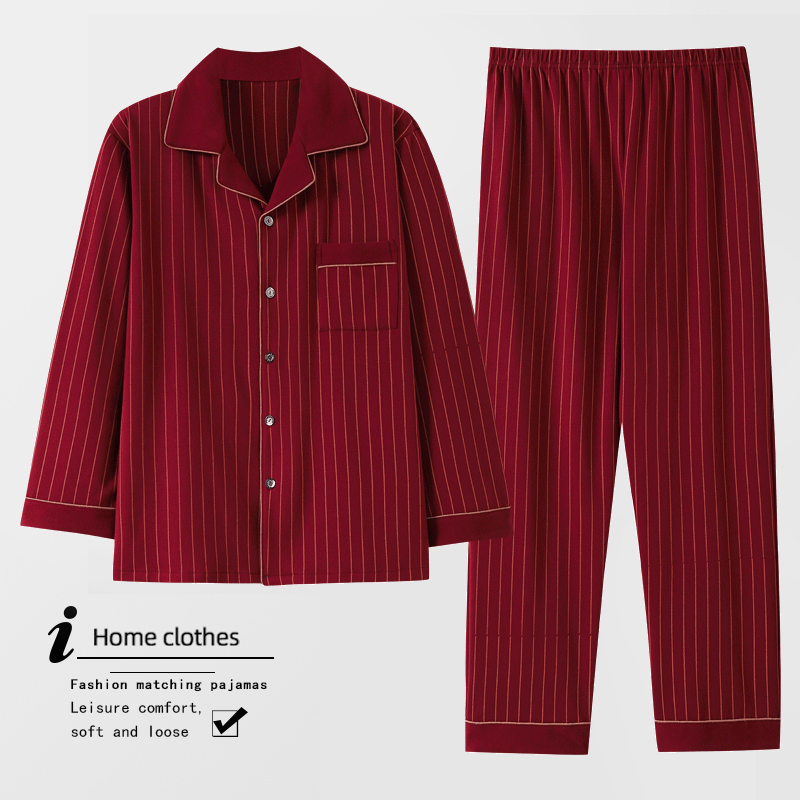 睡衣男士春秋款红色本命年长袖100%纯棉加肥大码家居服秋冬季套装