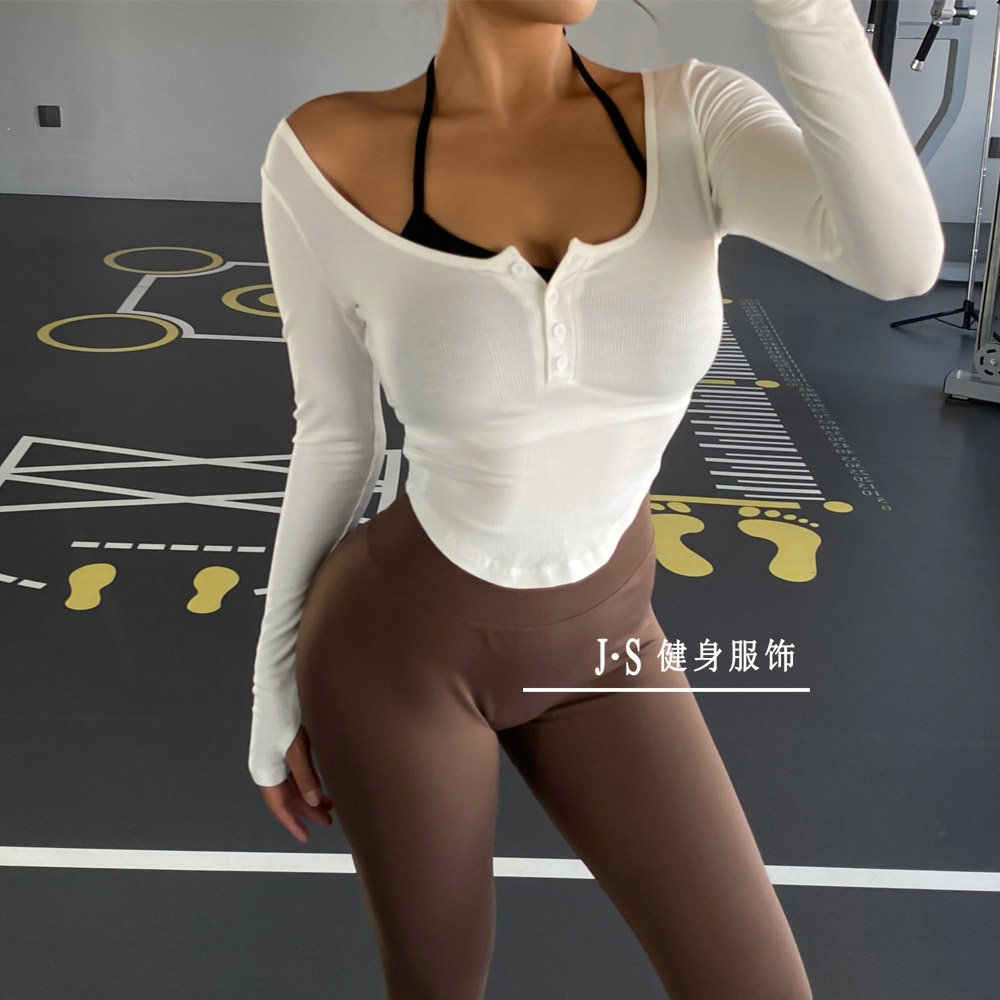 欧美假两件运动上衣长袖带胸垫跑步瑜伽服t恤挂脖紧身健身服透气