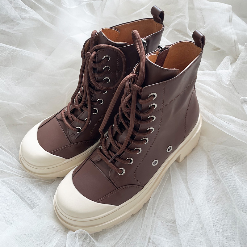 【夏之柒】都市炸街靴 酱咖色牛皮时尚高帮系带侧拉链厚底复古女靴