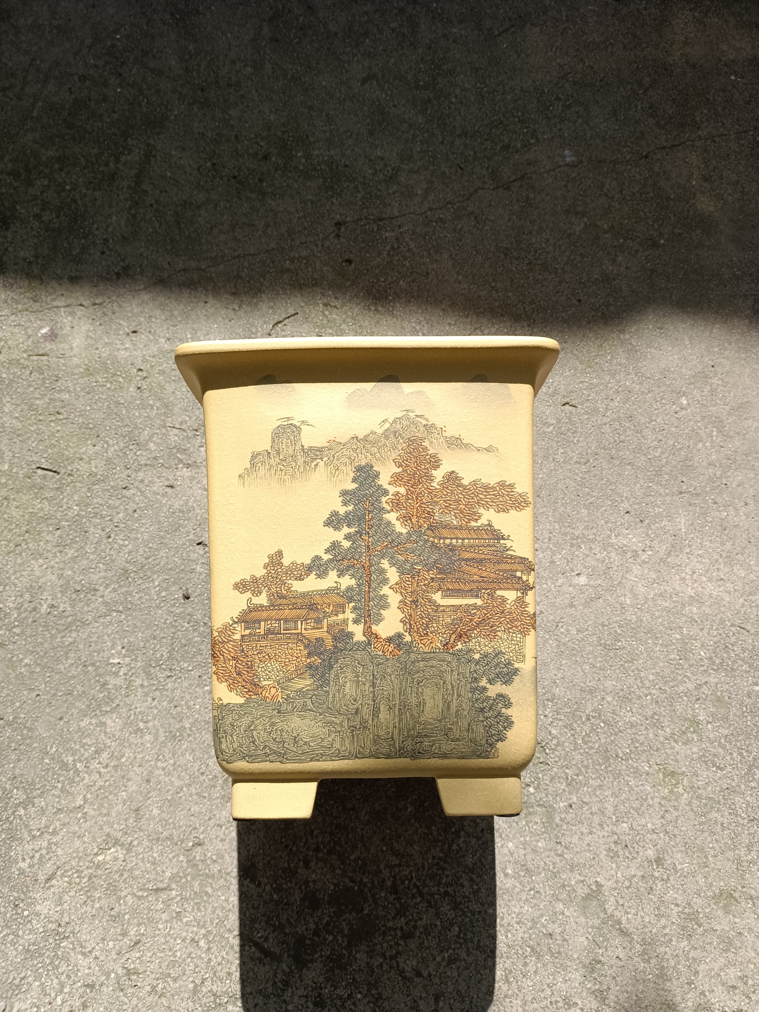 宜兴精品紫砂花盆潘涛四方签筒墨蕙兰寒剑兰花盆墨绘通转山水段泥