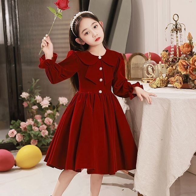 女童礼服高端秋冬儿童红色公主裙花童婚礼小女孩钢琴演出服蓬蓬裙