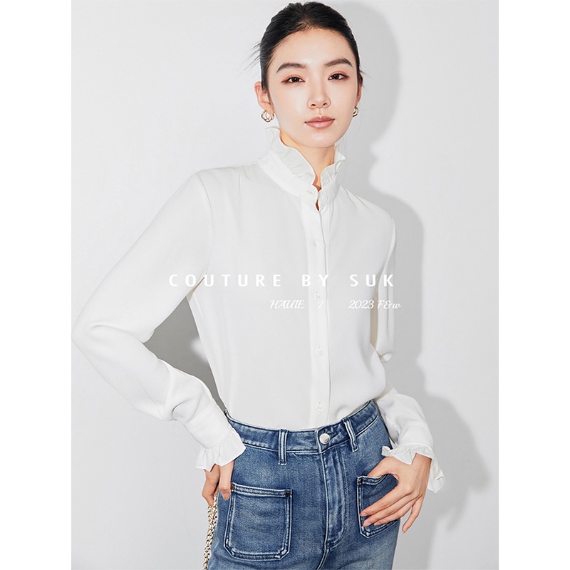 SUK 【巴黎甜心】优雅荷叶花瓣领法式衬衫女百搭休闲时尚衬衣SK1132