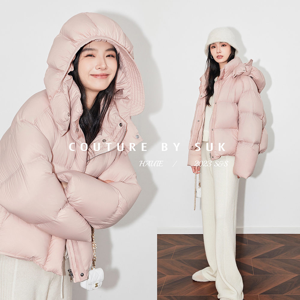 SUK短款百搭冬季白鹅绒羽绒服女新款加厚花瓣帽宽松面包服SK3712