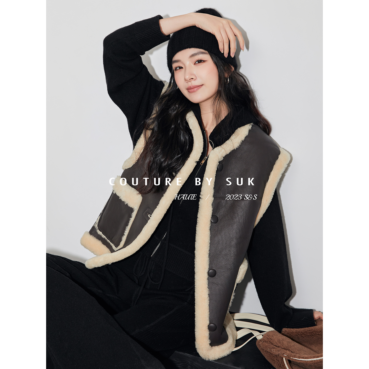 SUK 【轻奢时髦精】两面穿撞色真皮毛一体马夹皮无袖外套sk3803