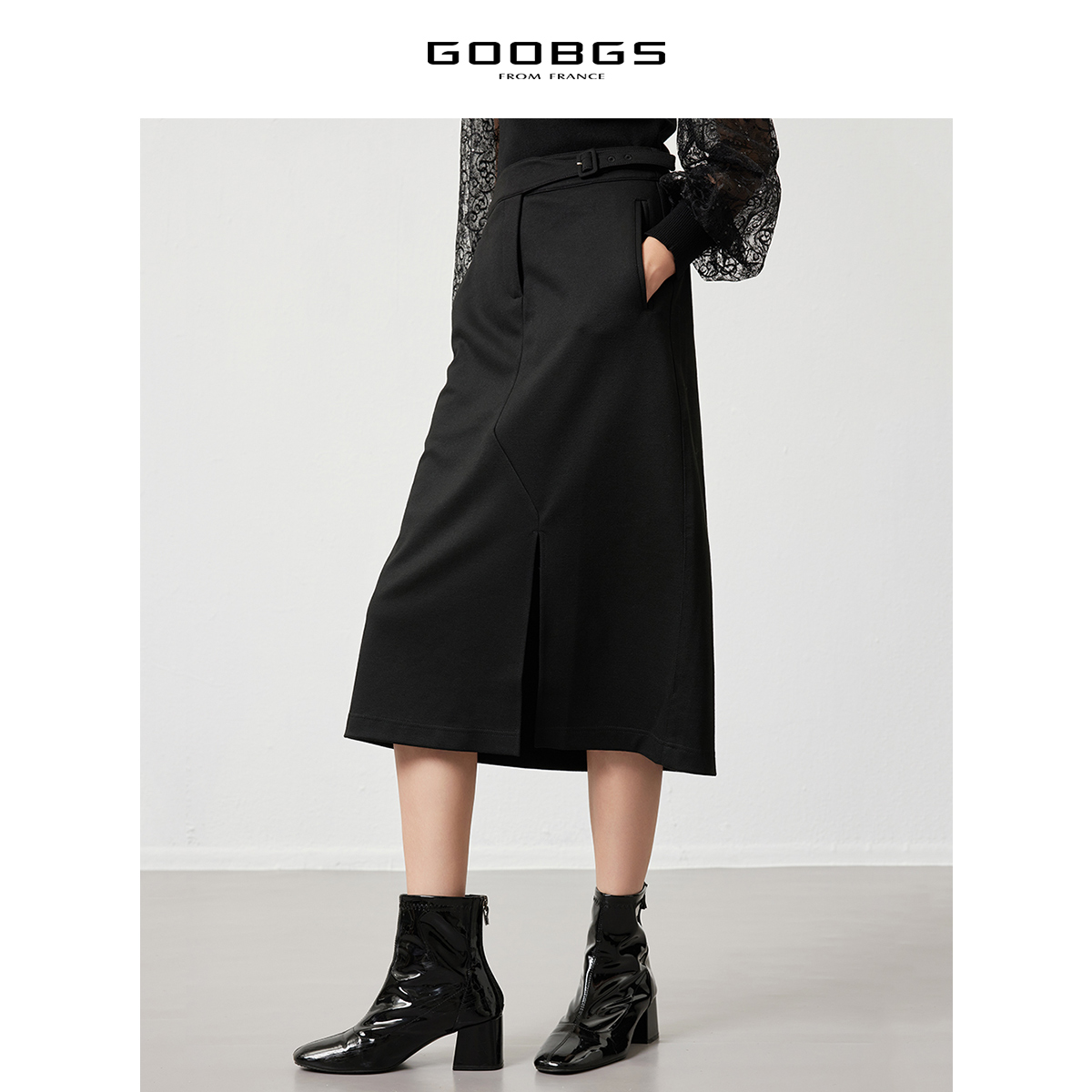 【籽言专享年货】G2423280黑色优雅不规则开叉中长裙