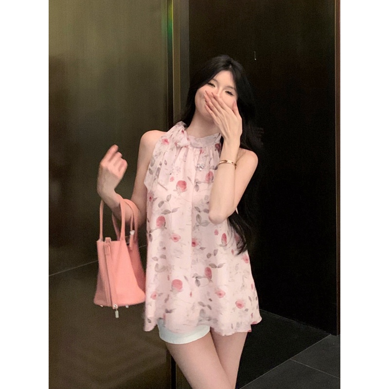温柔风法式碎花设计感雪纺挂脖吊带背心女夏季露肩蓬蓬娃娃衫上衣