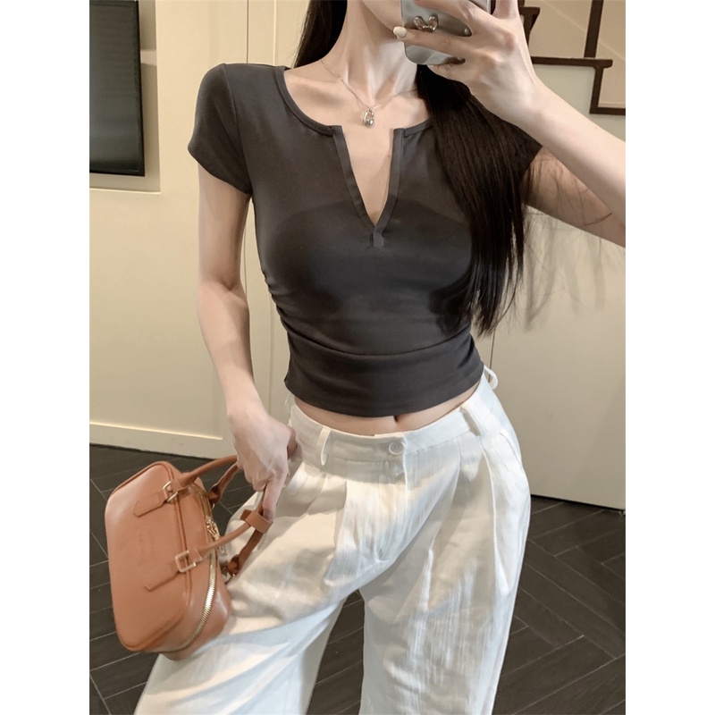 夏季纯色简约基础款v领百搭短袖T恤女韩版修身显瘦百搭辣妹上衣潮