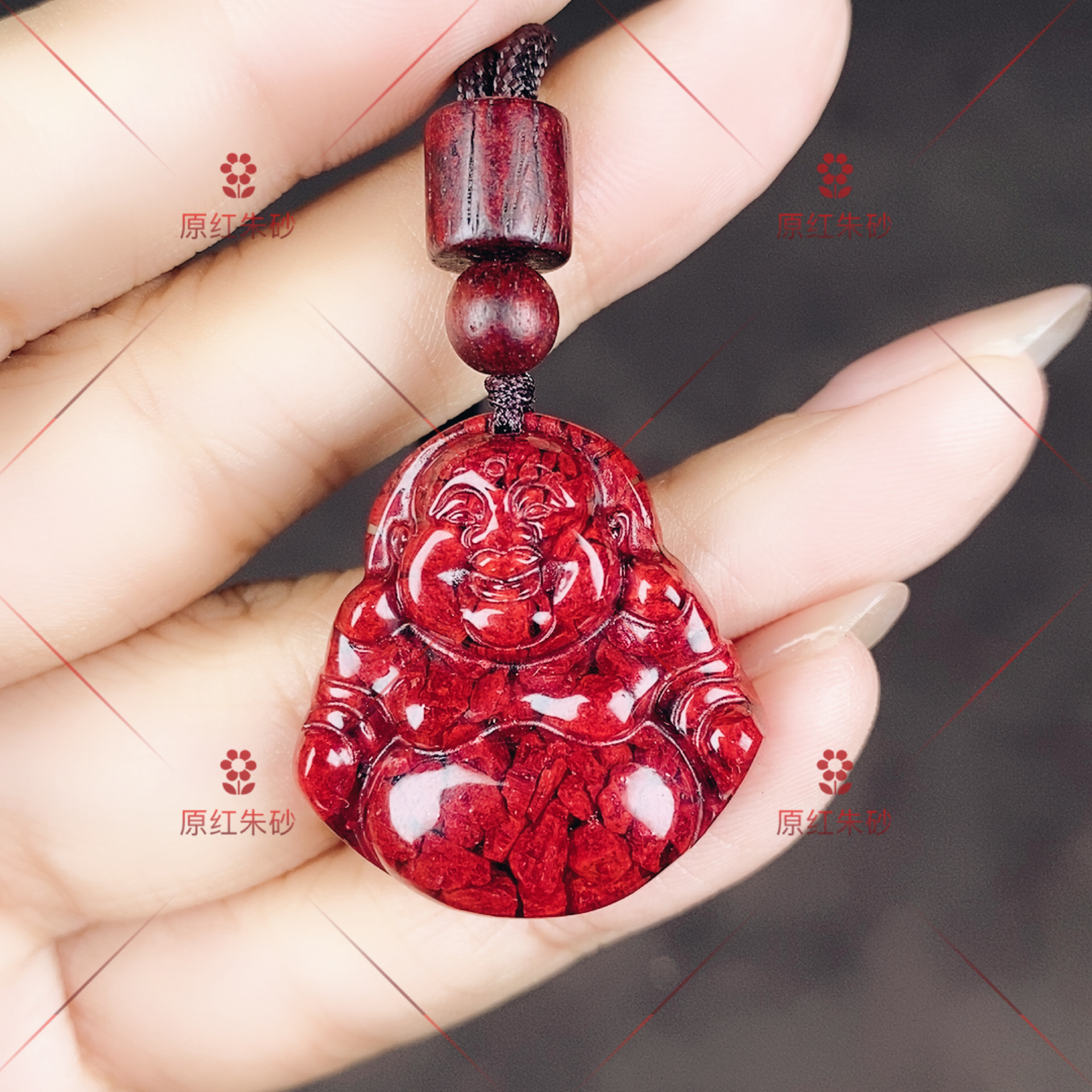 含辰砂工艺品天然原矿大颗粒朱砂不透光晶体砂佛公弥勒佛吊坠