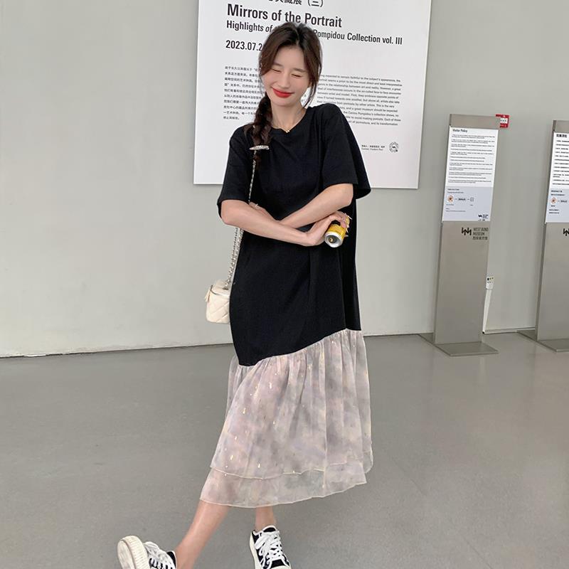黑色T恤连衣裙女2024夏季新款韩版宽松休闲设计感雪纺拼接鱼尾裙