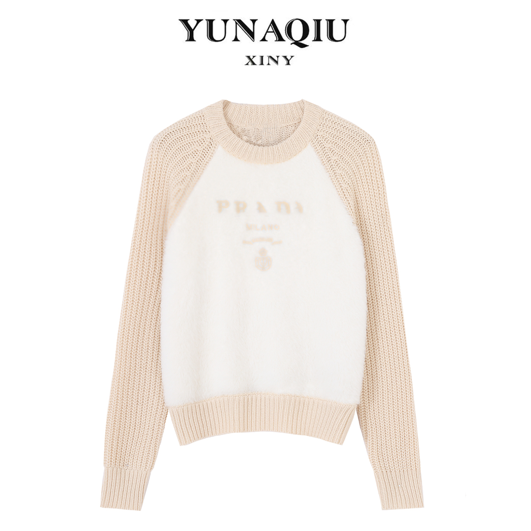 YUNAQIU时尚百搭针织衫女装撞色复古长袖上衣圆领打底衫-6110