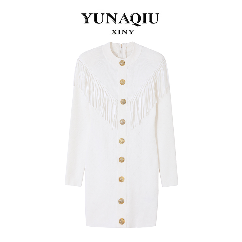 YUNAQIU时尚气质女士流苏女装长袖轻奢春秋款修身针织连衣裙-3097