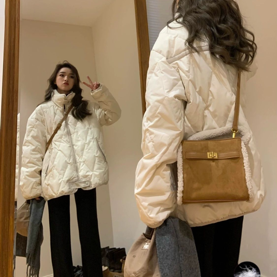 90白鸭绒菱格羽绒服女2024年冬季新品韩系宽松显瘦百搭面包服外套
