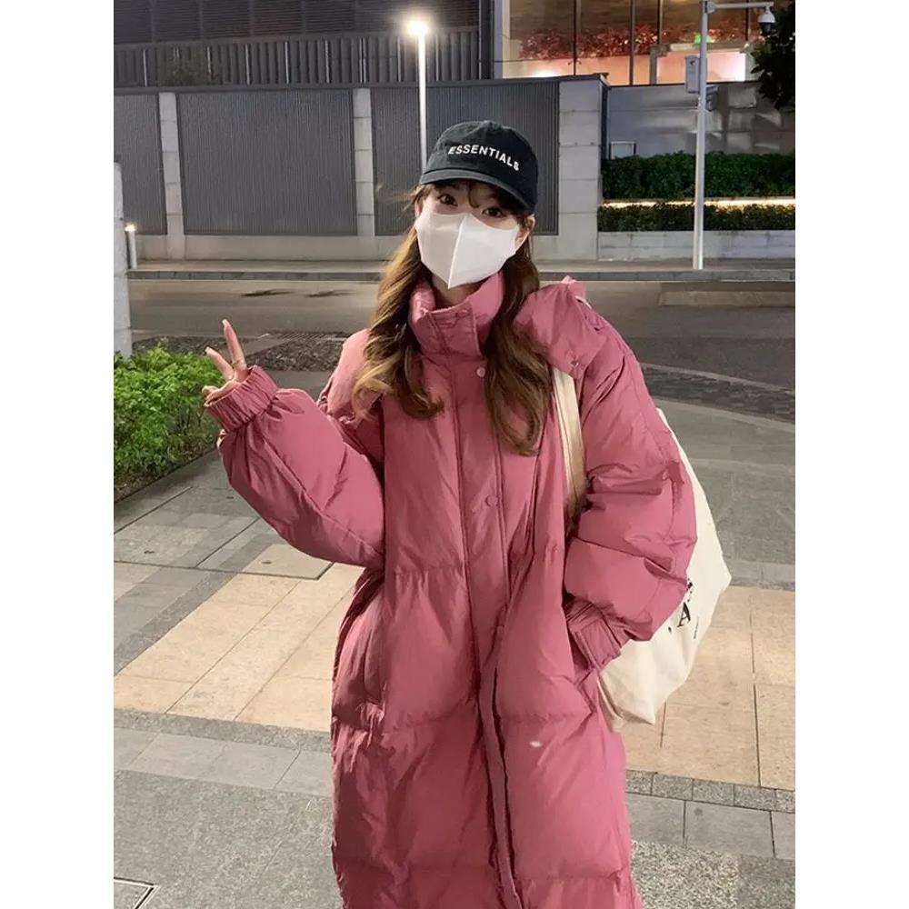 新款羽绒衣树莓粉泡芙长款棉衣女宽松显瘦过膝款面包服
