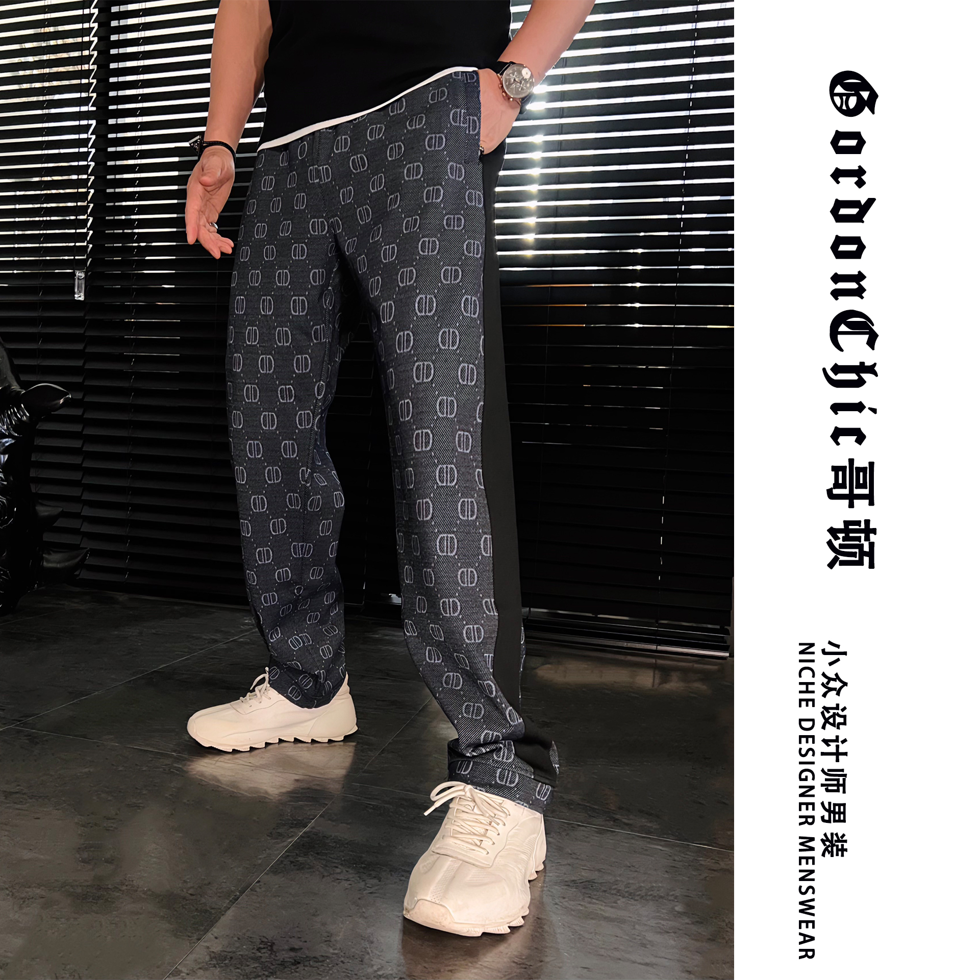 GordonChic 春季男士卡布里蓝小众字母提花休闲裤2203032