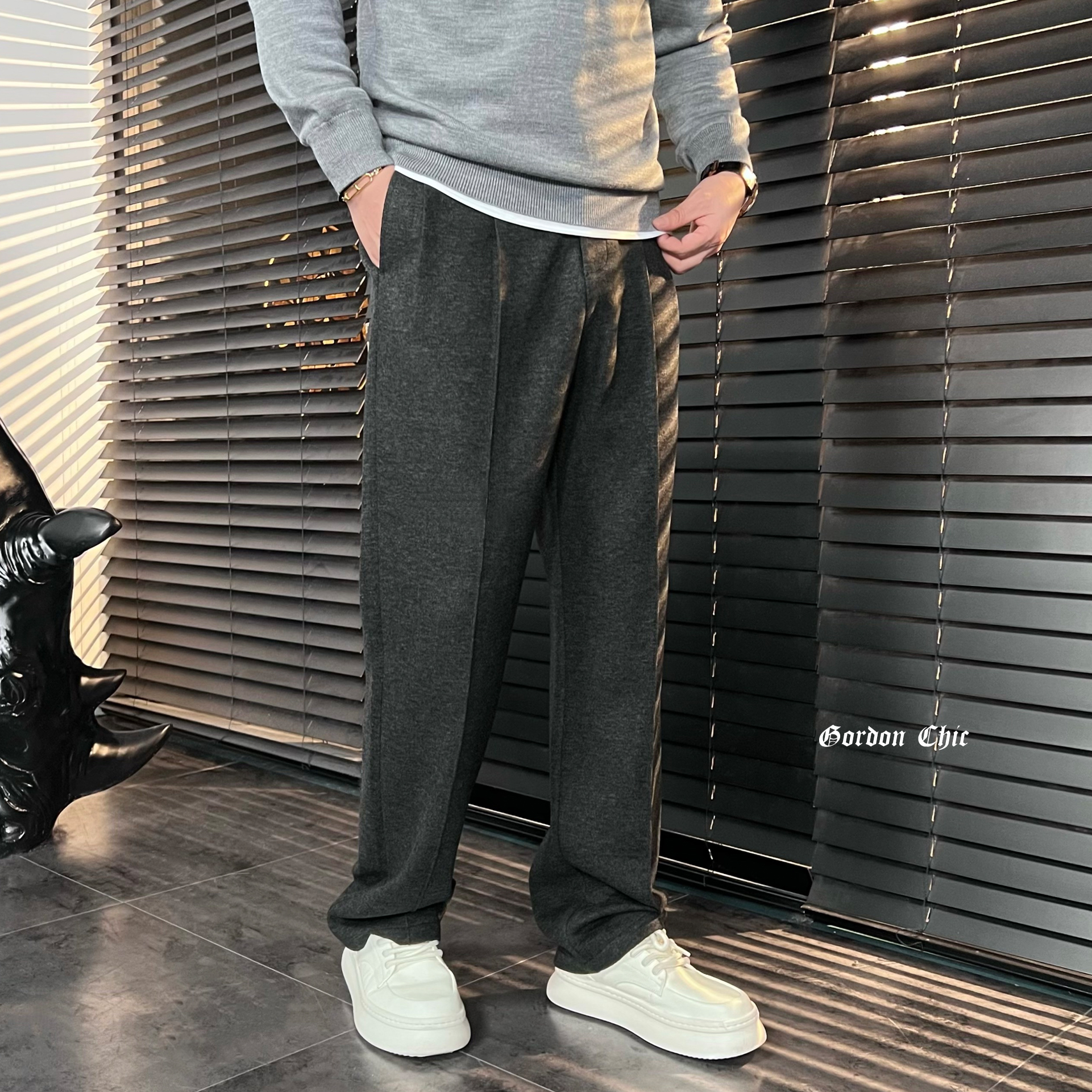 GordonChic 秋冬男士桑蚕丝山羊绒直筒休闲裤28275K