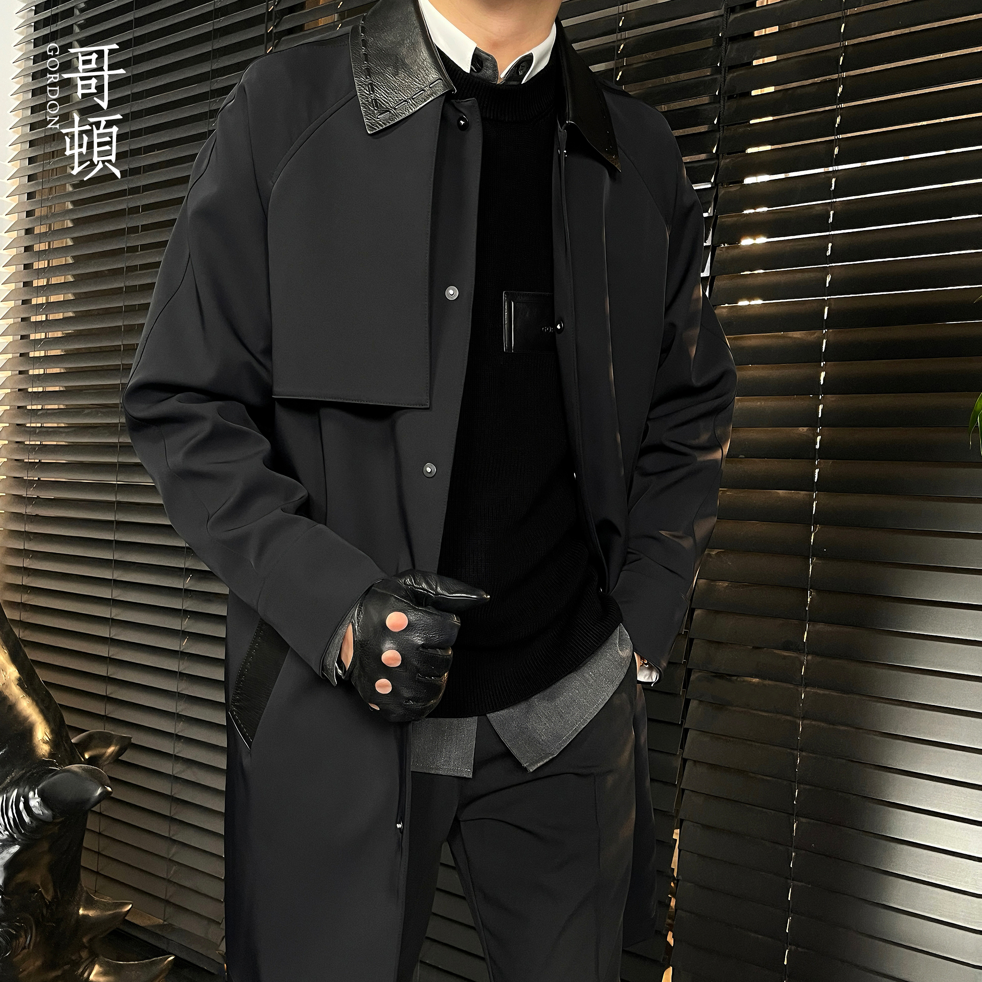 GordonChic 秋季男士皮翻领宽松休闲中长款风衣外套23323