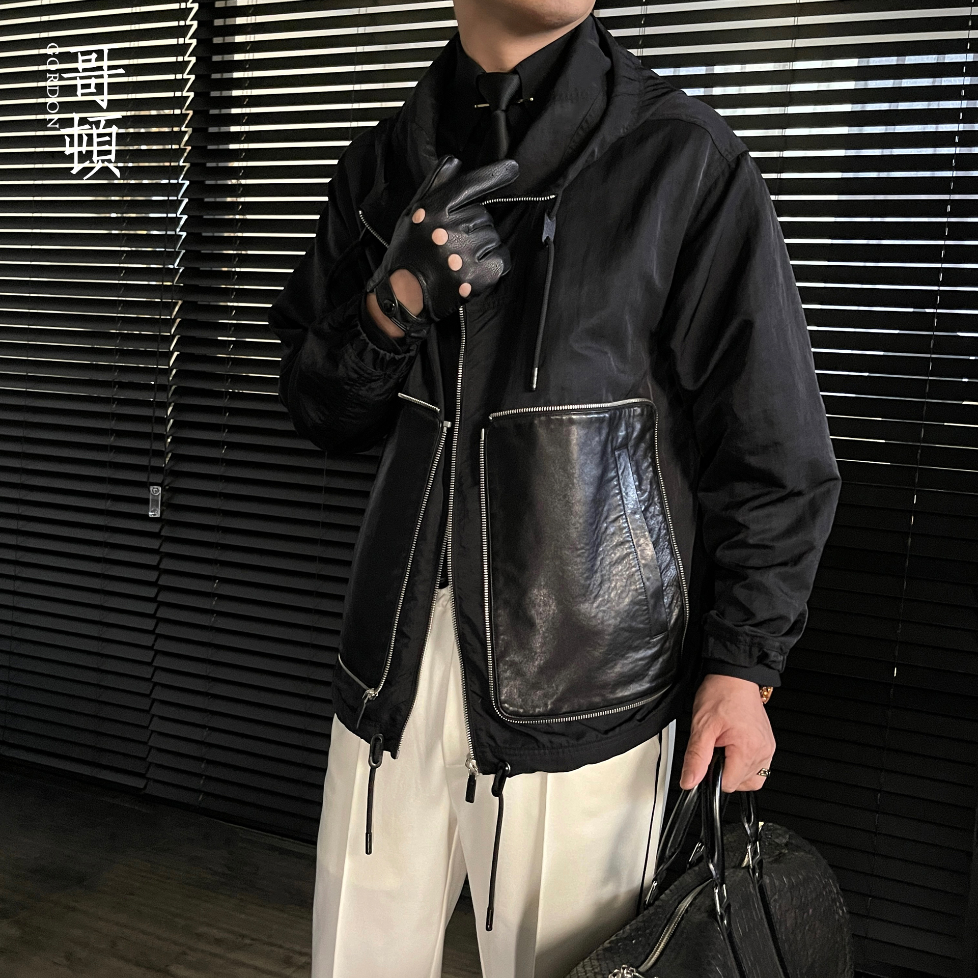 GordonChic 秋季男士老钱风廓版连帽皮口袋夹克长袖上衣23333