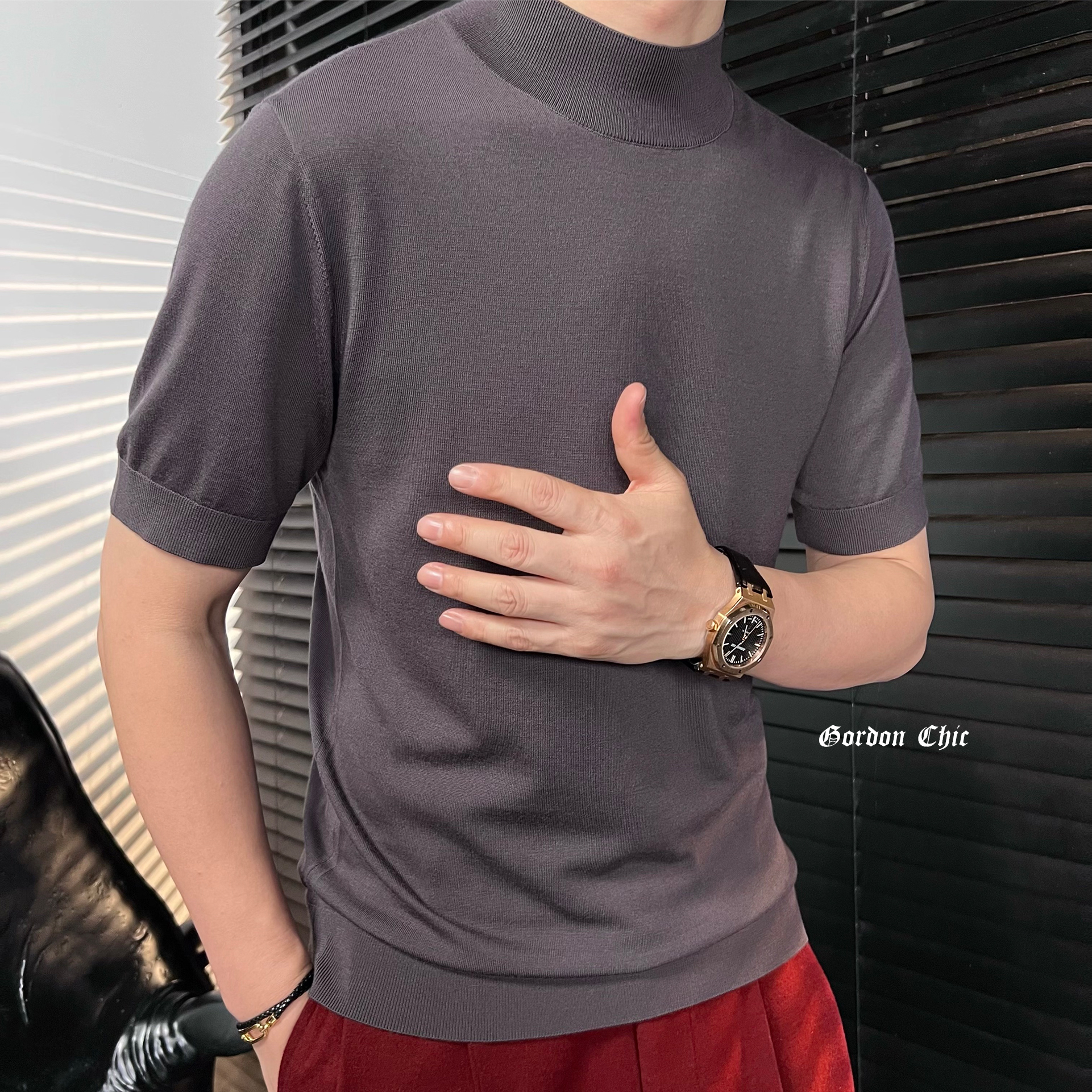 GordonChic 秋冬男士丝光纯羊毛半高领半袖打底羊毛衫G28061