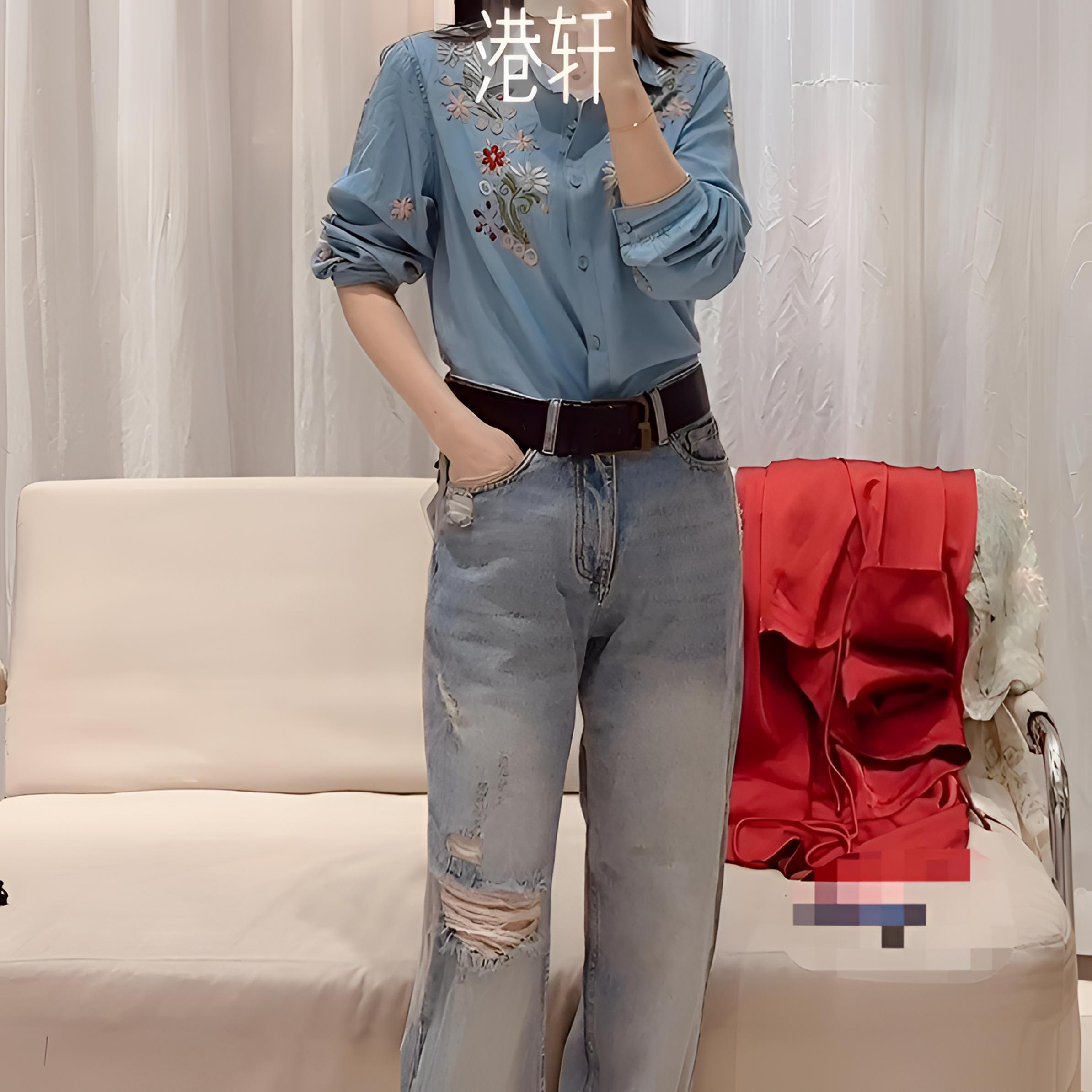 水洗休闲复古牛仔裤：直筒_破洞款_高腰_时尚_显瘦半袖夏季