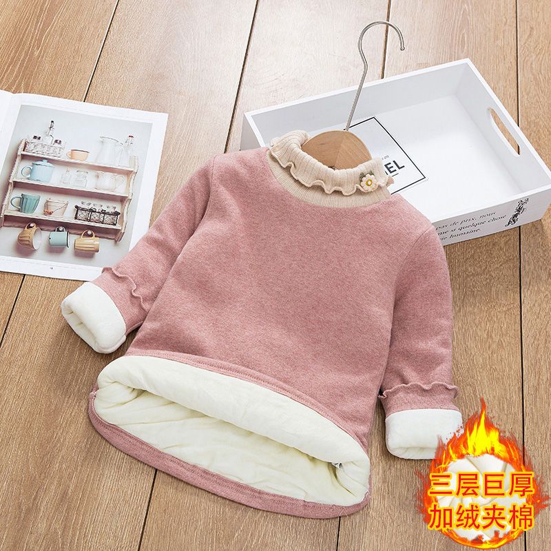 女童加厚保暖衣三层中大童冬季加棉打底衫加绒半高领洋气纯色绒布
