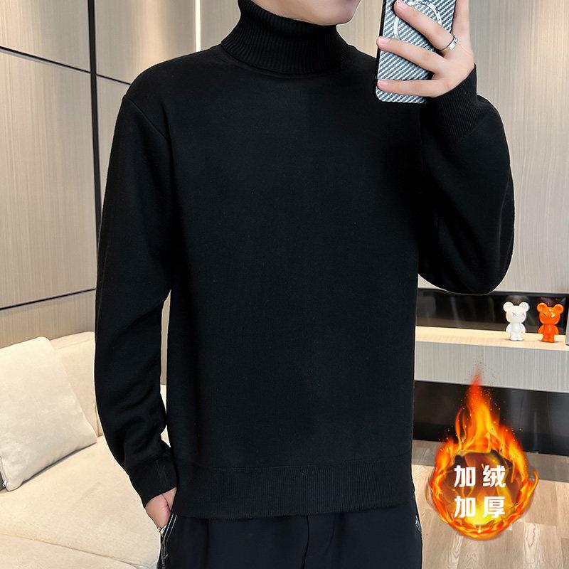 冬季新款高领一体绒针织衫青年2023秋冬季男士高领纯色休闲上衣
