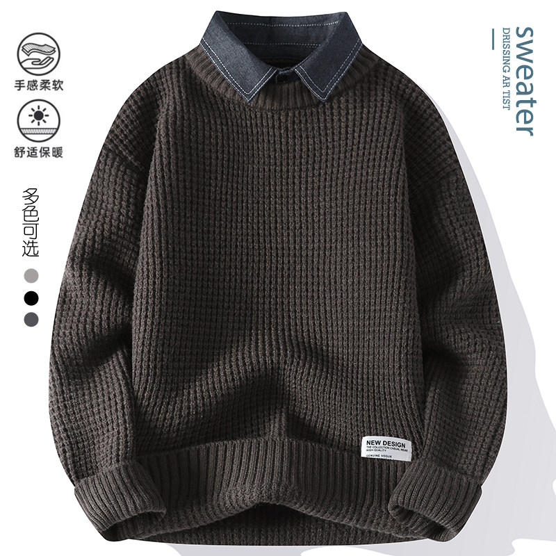 衬衫领毛衣男秋冬新款假两件潮牌休闲套头针织衫男士冬款保暖内