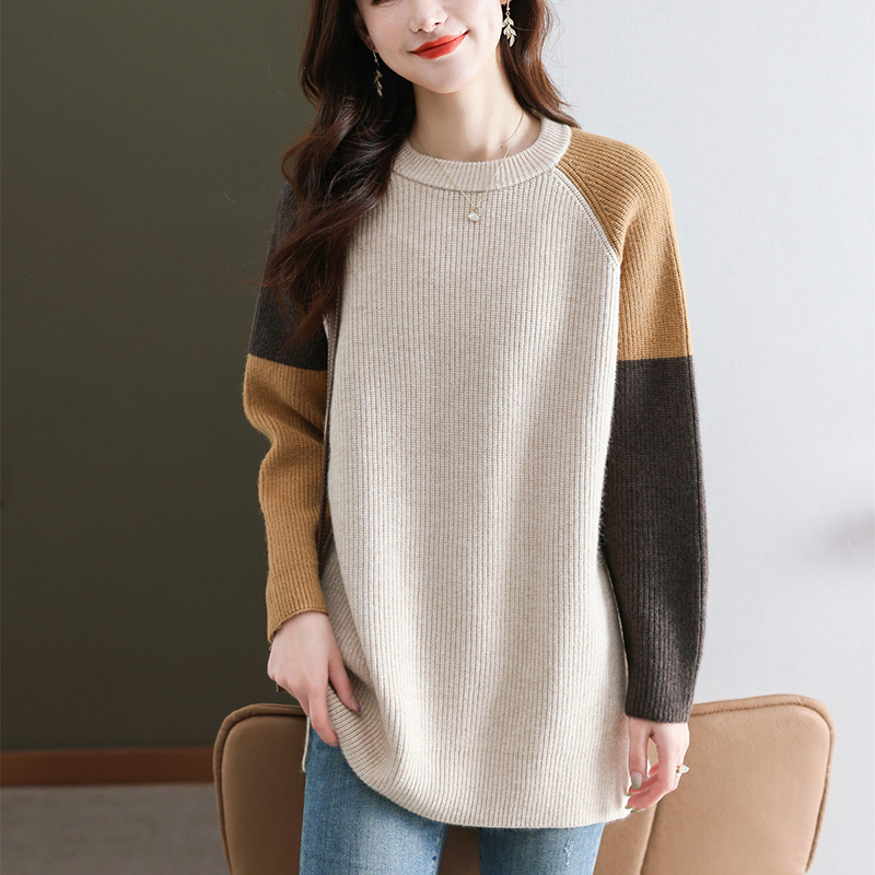 圆领拼色毛衣女秋冬中长款遮肚子显瘦上衣大码胖mm针织打底衫洋气