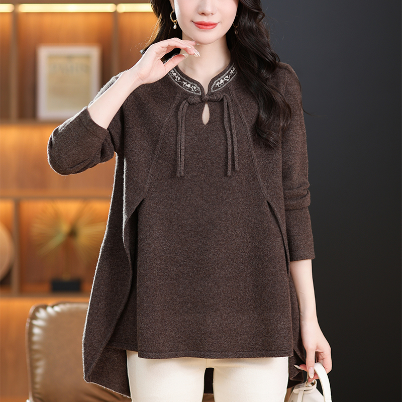 加肥加大码打底衫秋冬宽松外出毛衣洋气新中式羊毛衫女100纯羊毛