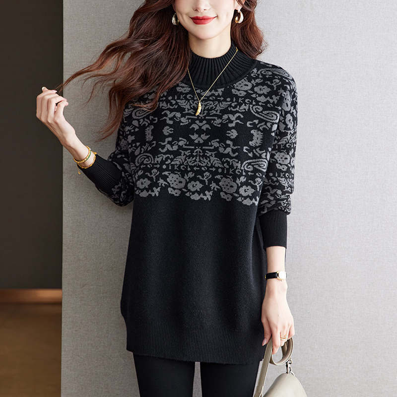 女士加厚毛衣2025冬季新款大码女装提花针织衫宽松半高领打底上衣