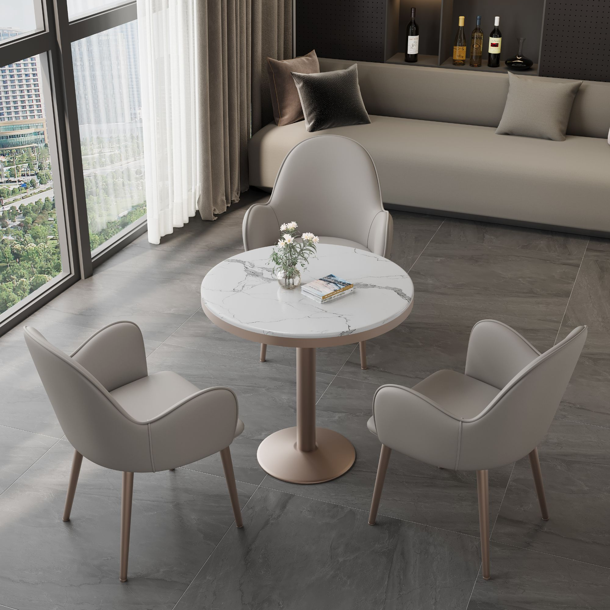 轻奢洽谈桌椅组合谈判茶桌会客接待区休闲奶茶店立柱桌天鹅椅