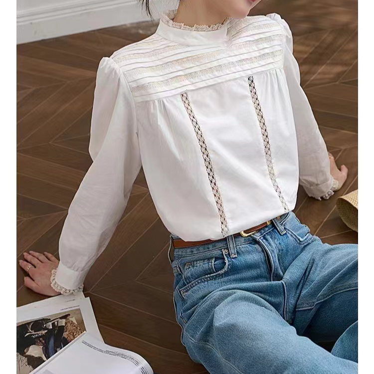 【轻奢小众】蕾丝拼接棉时尚宫廷风衬衫微瑕疵