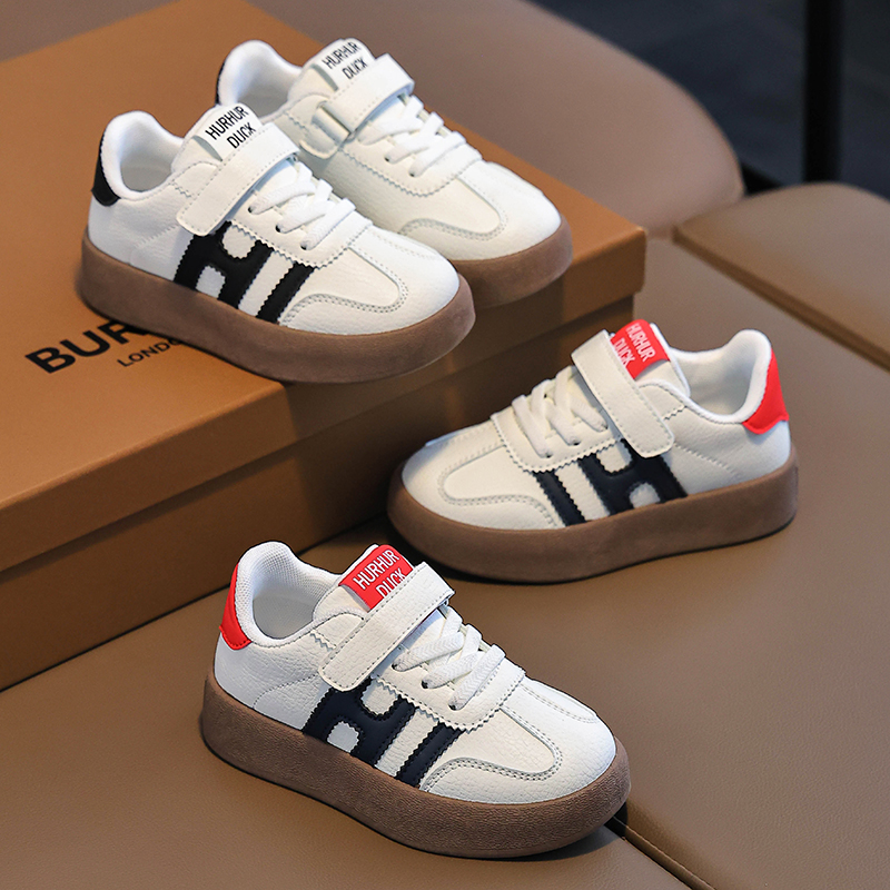 皮面儿童板鞋潮牌2025秋季新款韩版男女童魔术贴德训鞋红色运动鞋