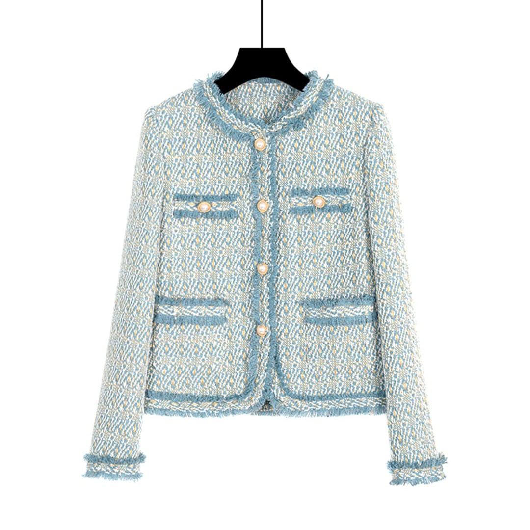 【蓝色海洋】2025秋季新款蓝色系减龄粗花呢名法式媛小香风外套