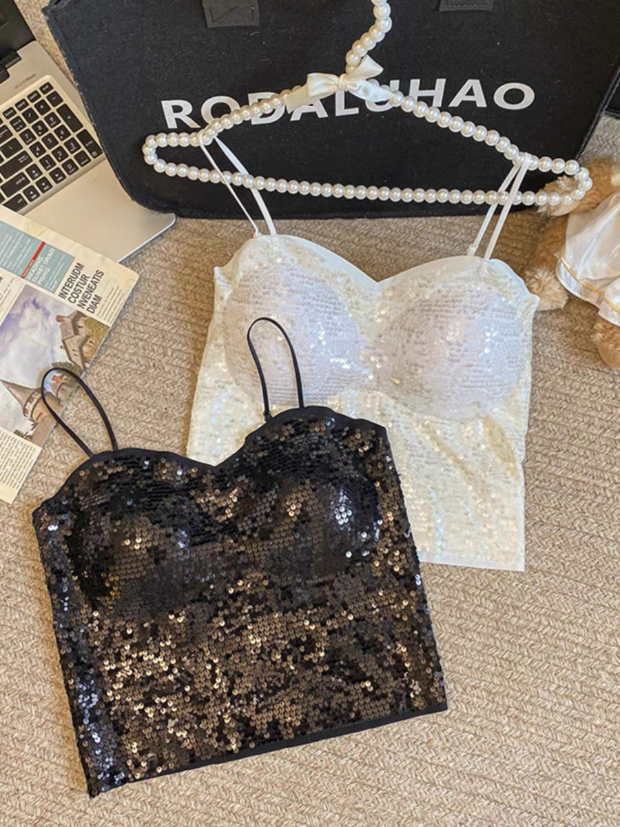 （xY推荐）好穿网红重工亮片美背轻奢带垫外穿吊带背心时尚内搭