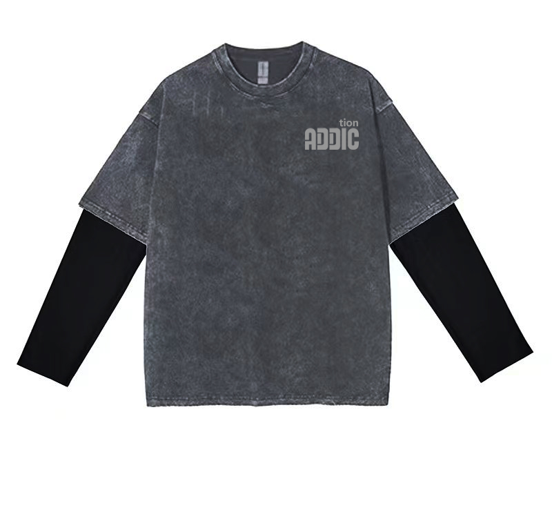 【长袖上衣-胸前字母】oversize做旧宽松260克纯棉手绘长袖假两件