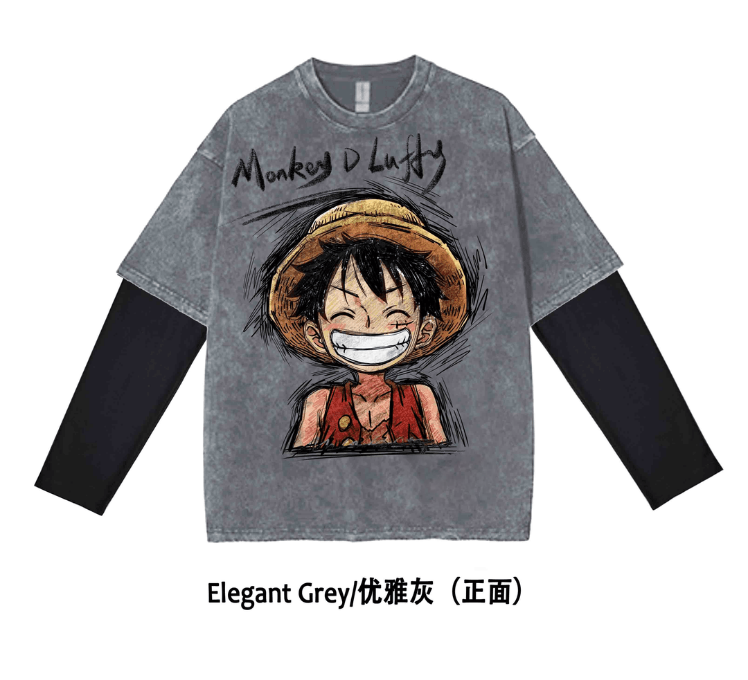 【长袖-路飞】oversize洗水做旧新款260克纯棉手绘长袖T恤假两件