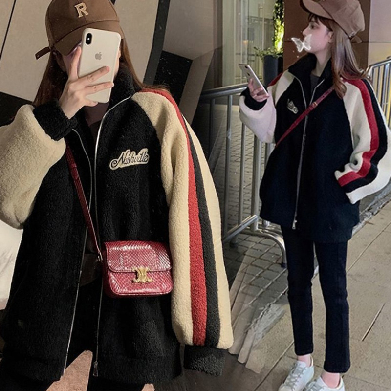 孕妇秋冬加厚加绒羊羔毛孕妇休闲外穿开衫拼接外套