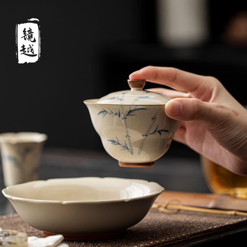草木灰手绘竹子泡茶盖碗复古茶具茶杯功夫茶二才单个葫芦泡茶碗