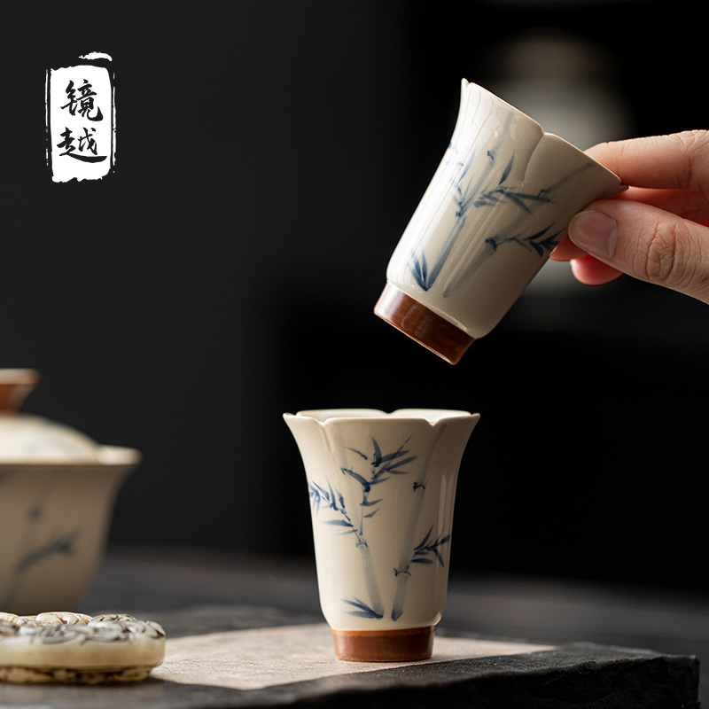 草木灰手绘竹子茶杯主人杯陶瓷复古品茗杯单杯喝茶杯女士闻香专用
