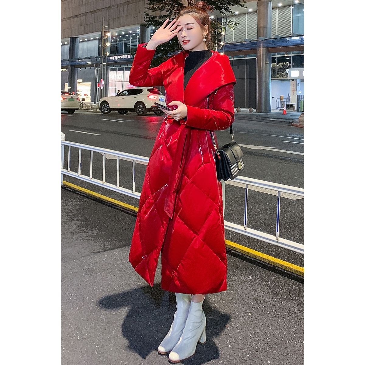 红色长款羽绒服服女气质2023新款过膝连帽加绒冬装大衣外套