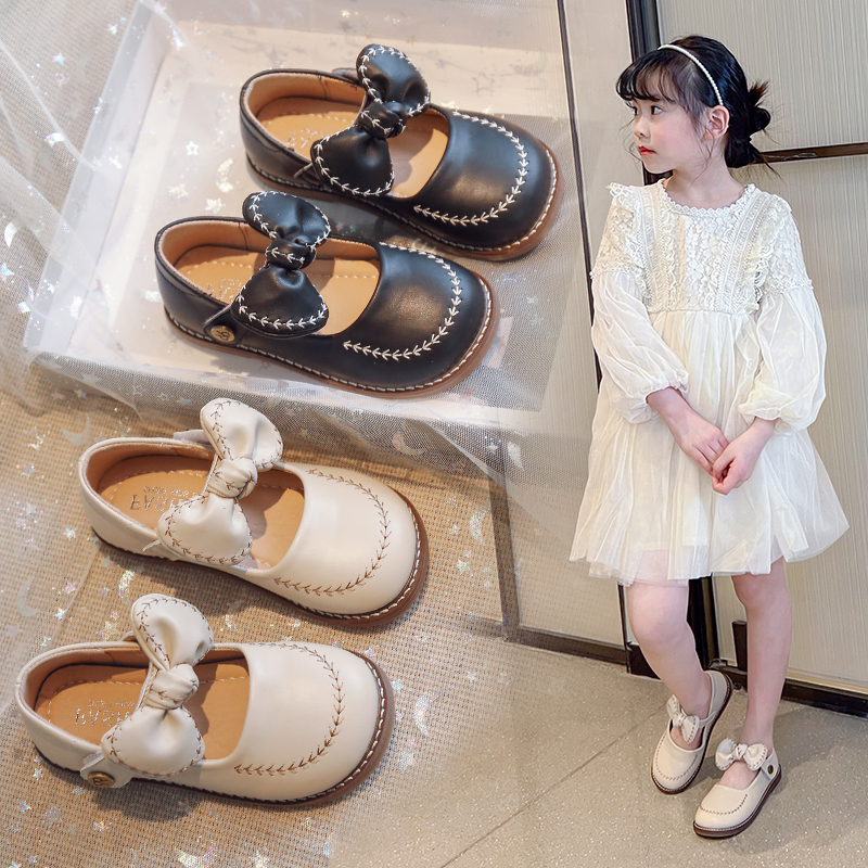 儿童纯色复古小皮鞋2023年春夏季新款小中大童可爱女童蝴蝶结单鞋