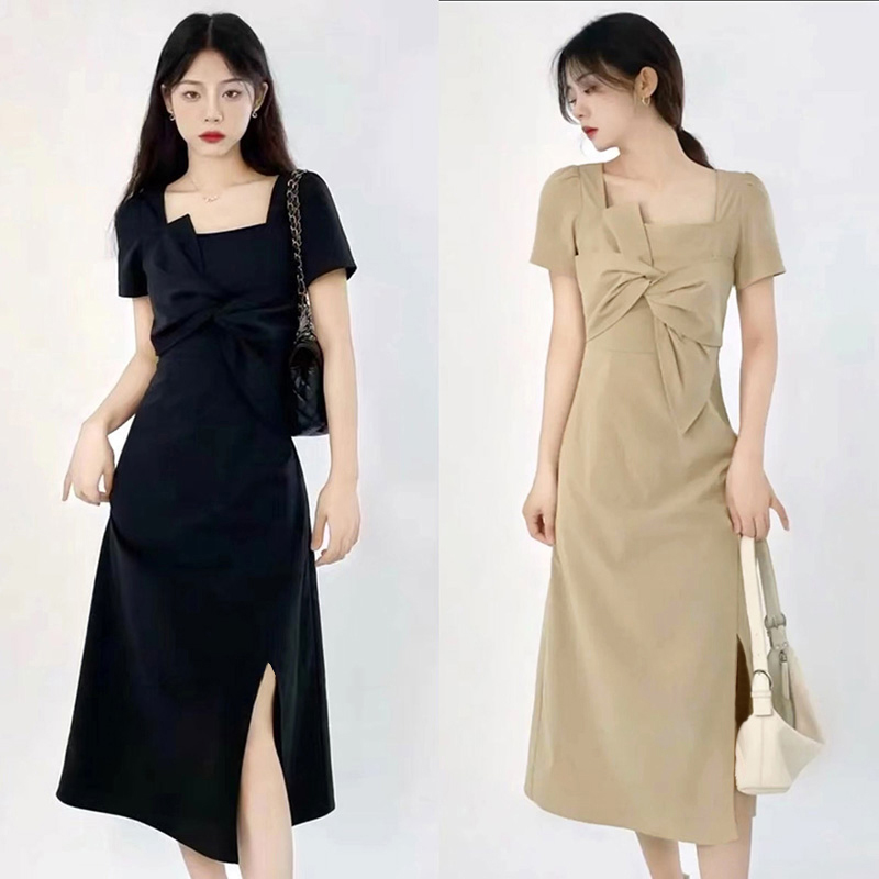 【安安】胖mm夏季蝴蝶结别致开叉长裙设计感显瘦方领连衣裙子1080
