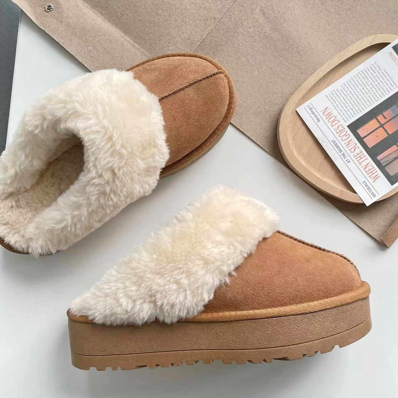 新款秋冬真皮毛口拖鞋女居家室内厚底防滑保暖棉鞋舒适加绒毛拖