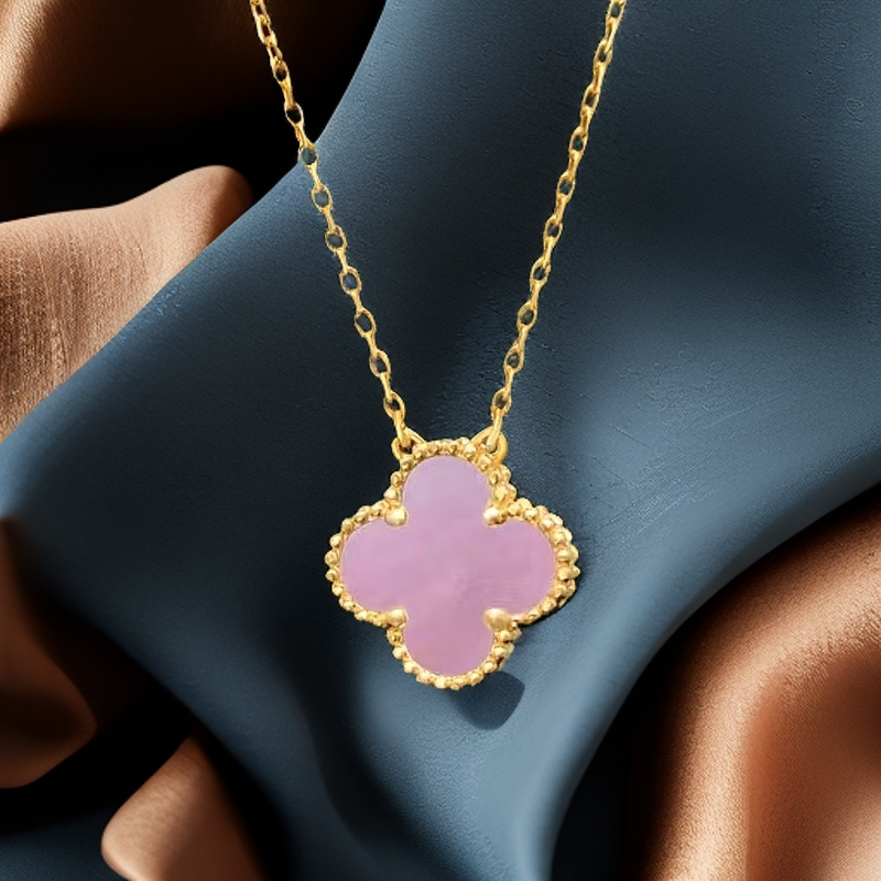 重金版）18K金镶嵌粉贝母四叶单花套链 迷你古风优雅粉红精美玫瑰 