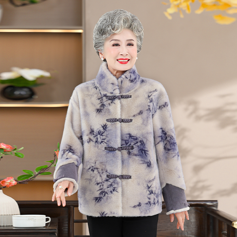 妈妈秋冬装新中式洋气仿貂绒大衣奶奶高贵一体绒外套老年人外套女